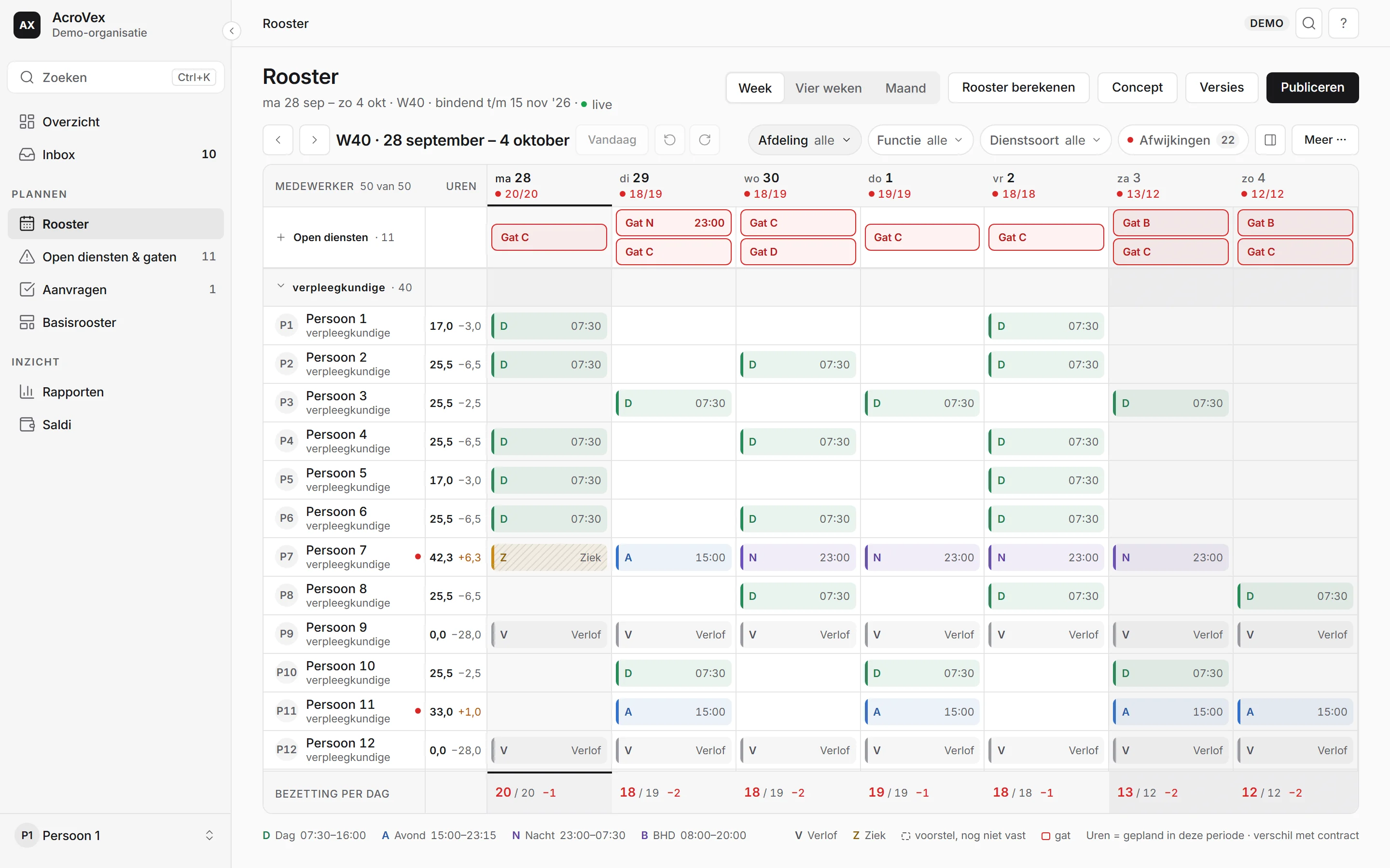 Planbord van AcroVex Planning met fictieve gegevens.